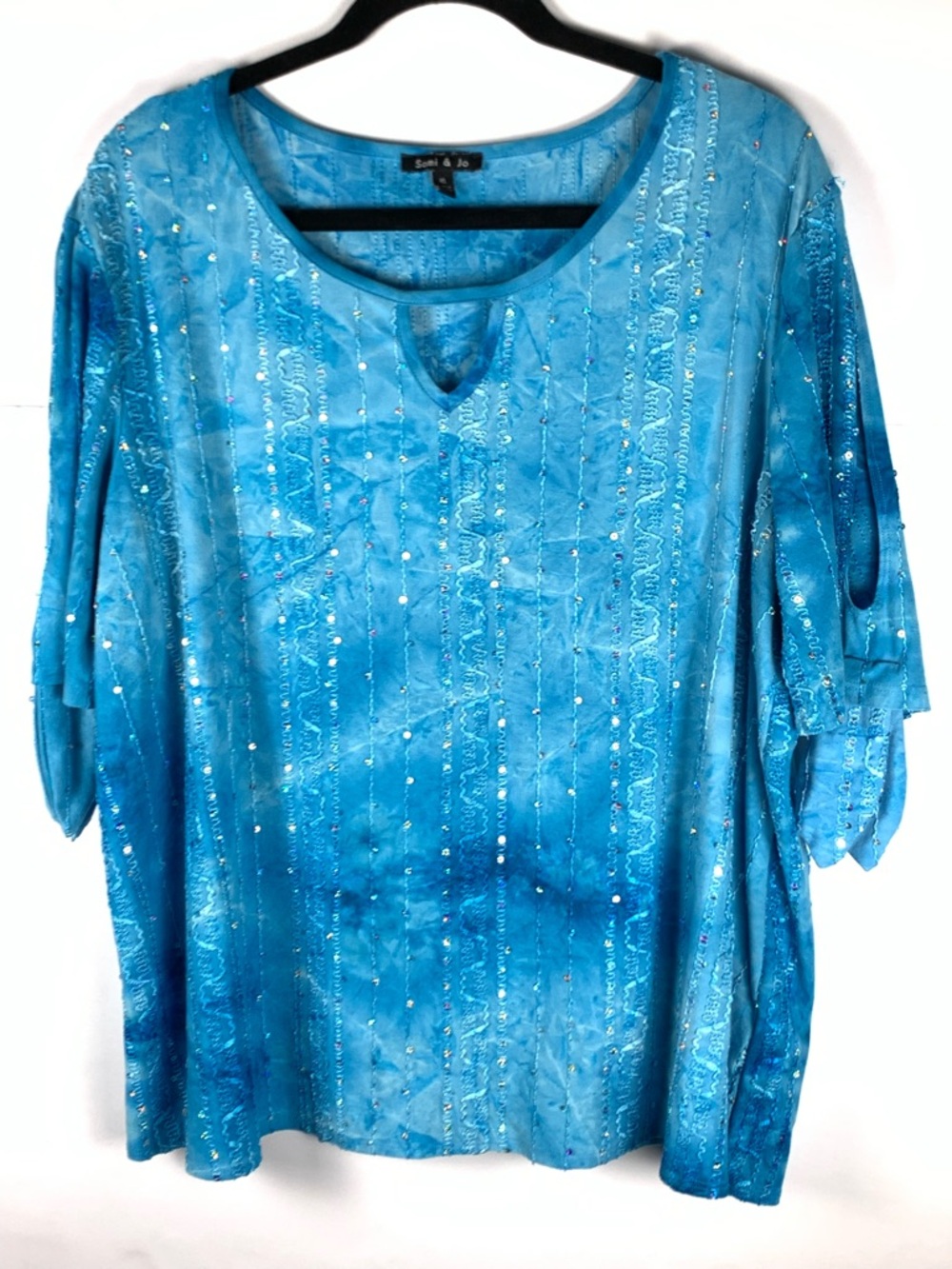 Sami & Jo Womens Top XL Blue Sequin Embellished Slit Tie Sleeve Stretch - Picture 4 of 14